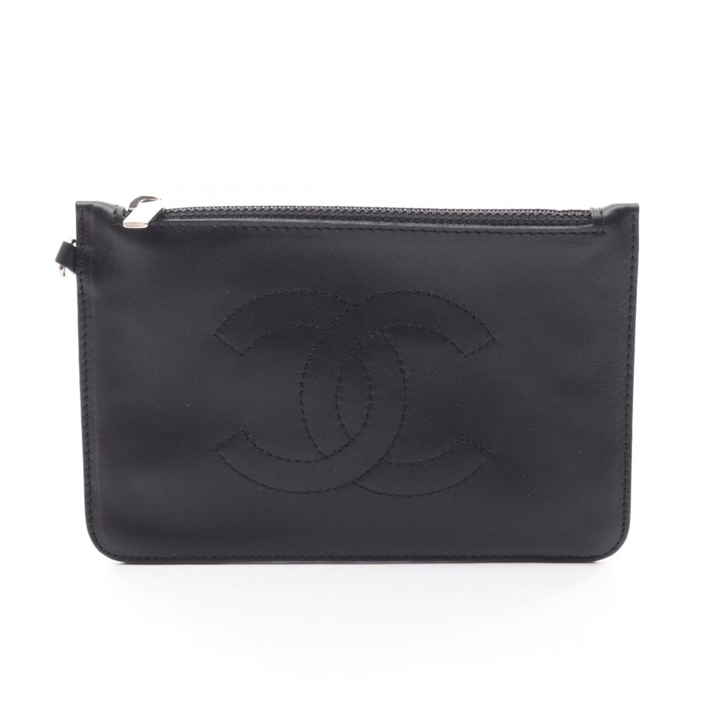 CHANEL Black Lambskin Leather Logo Pouch